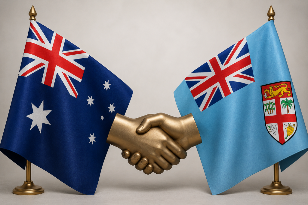 Australian Prime Minister Anthony Albanese and Fijian Prime Minister Sitiveni Rabuka sign the Ocean of Peace Alliance in Suva, strengthening Indo-Pacific security cooperation.