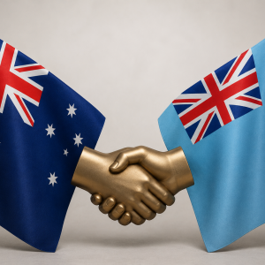 Australian Prime Minister Anthony Albanese and Fijian Prime Minister Sitiveni Rabuka sign the Ocean of Peace Alliance in Suva, strengthening Indo-Pacific security cooperation.
