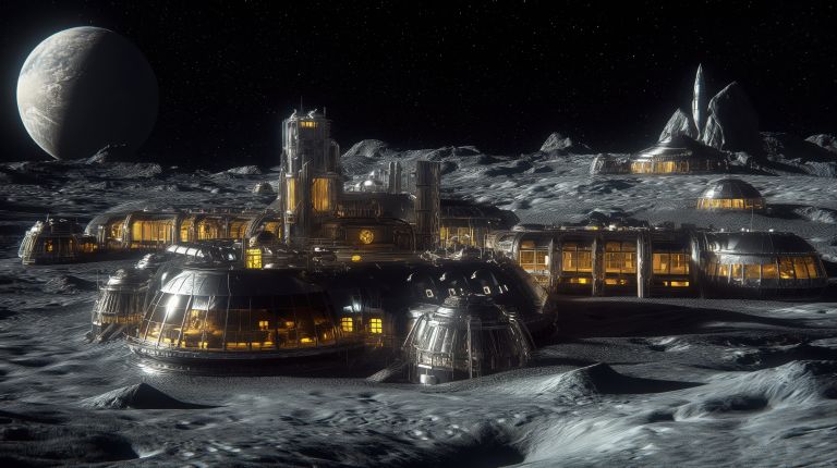 A futuristic lunar base with astronauts working on the Moon while Earth rises above the horizon.