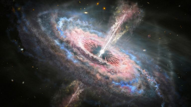 Illustration of the Euclid Space Telescope observing the earliest known quasars in the young universe.