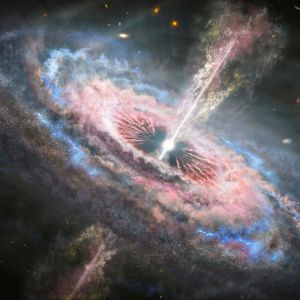 Illustration of the Euclid Space Telescope observing the earliest known quasars in the young universe.
