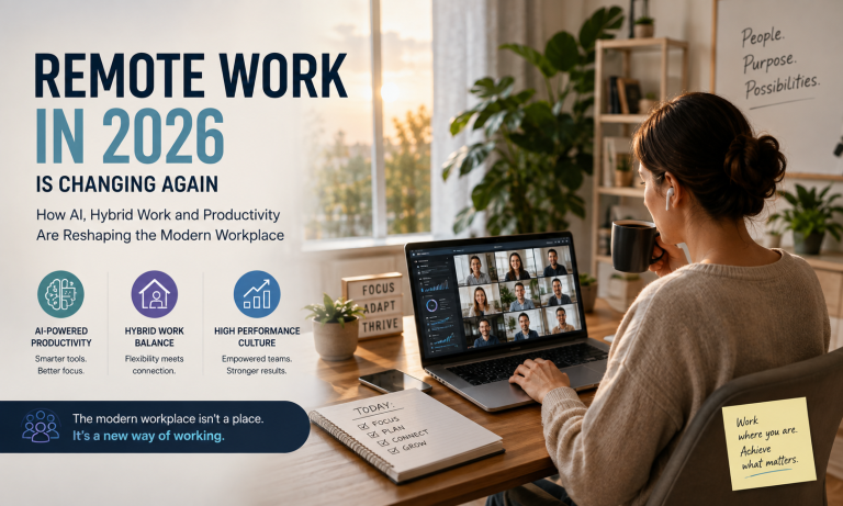 Professional working remotely from a modern home office while using AI productivity tools on a laptop.