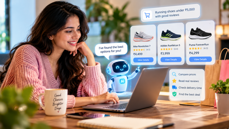 AI shopping assistant helping a customer compare products and prices on an online shopping website.