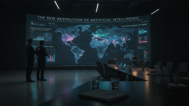 Advanced semiconductor chip and data center infrastructure illustrating global competition over artificial intelligence technology